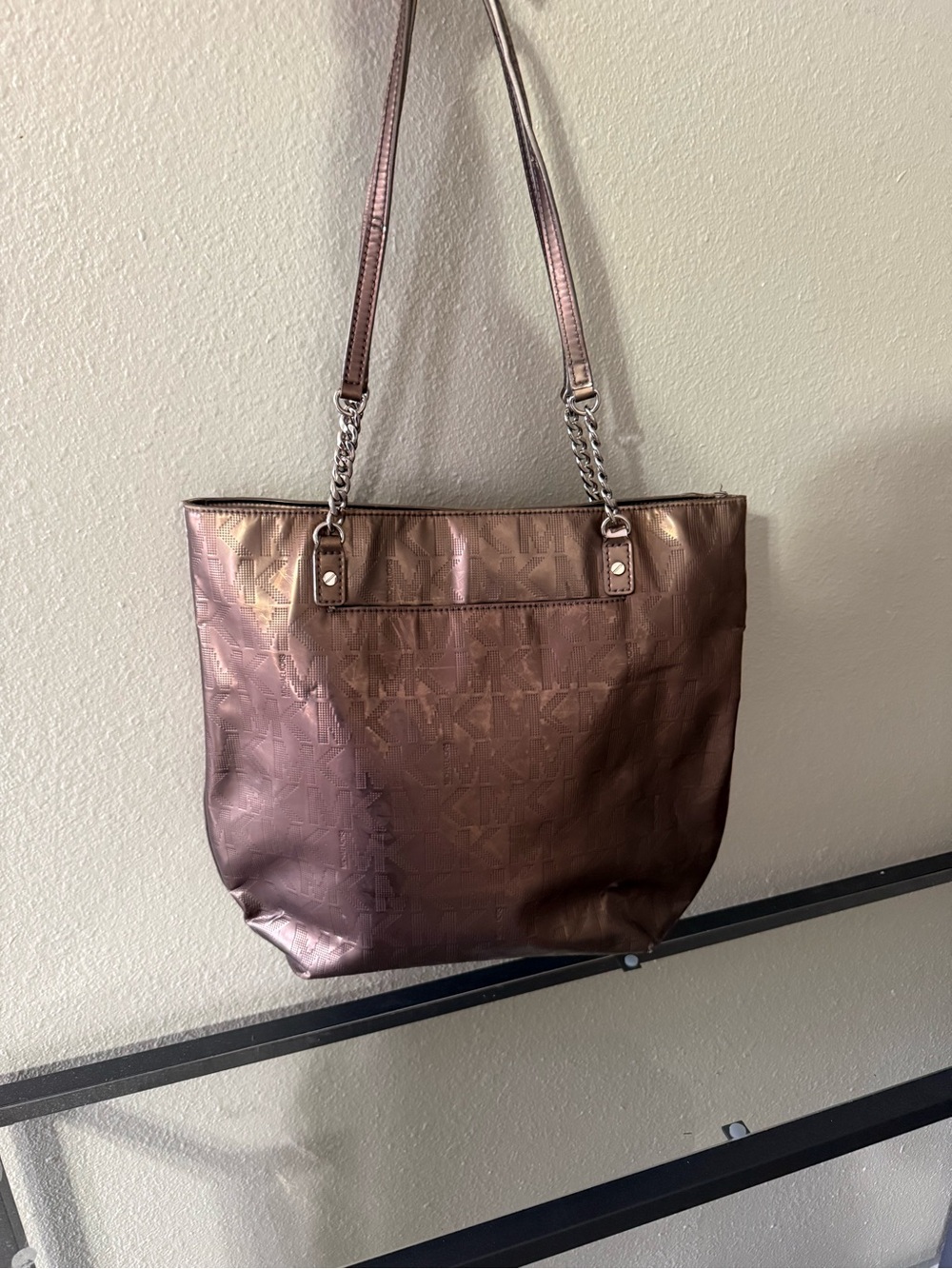 Michael Kors Metallic Rose Gold MK Monogram Chain Strap Tote Bag